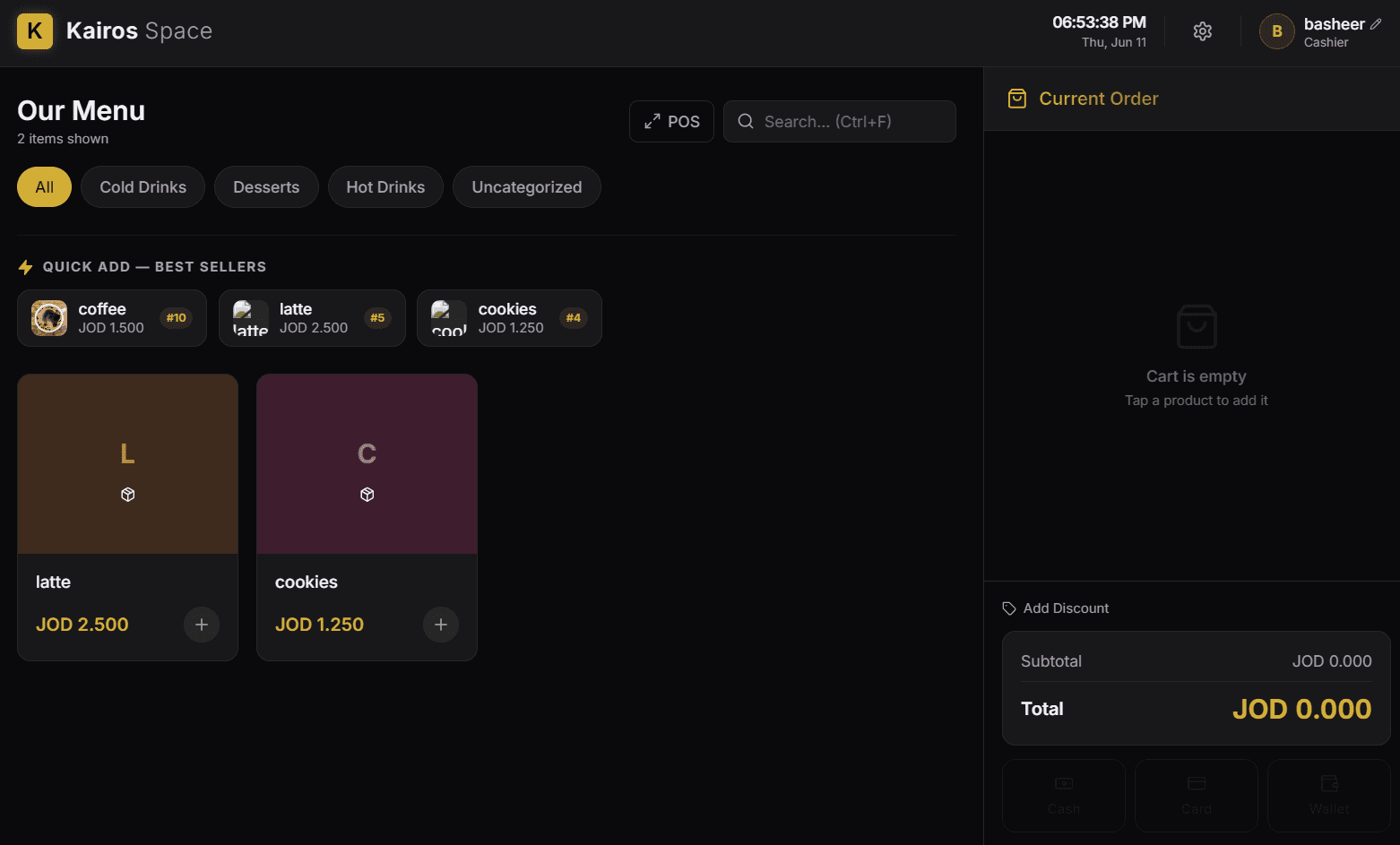 شاشة الكاشير في Kairos Space POS